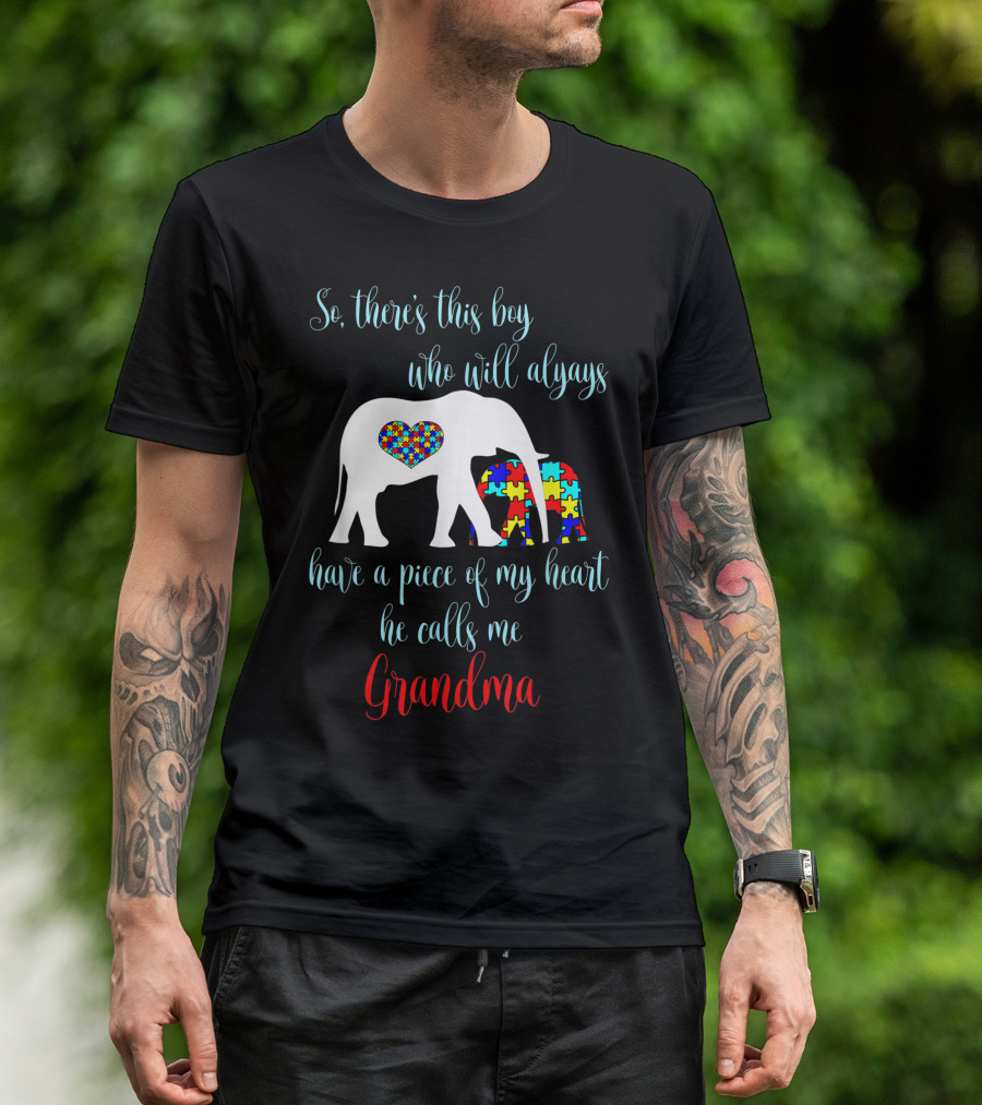 So There's This Boy Who Will Always Have A Piece Of My Heart He Calls Me Grandma Autism Elephant Puzzle T-Shirt