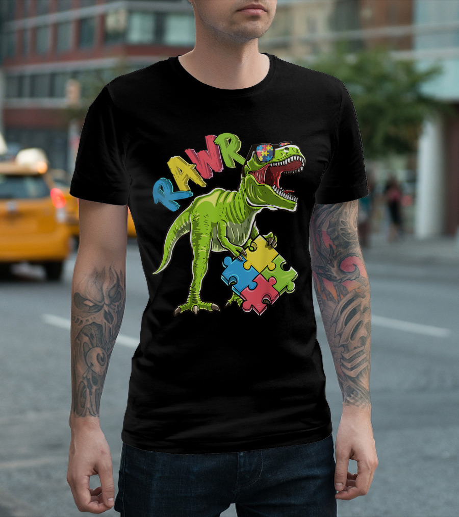 Rawr Rex Dinosaur Autism Awareness Puzzle Piece Sunglasses T-Shirt