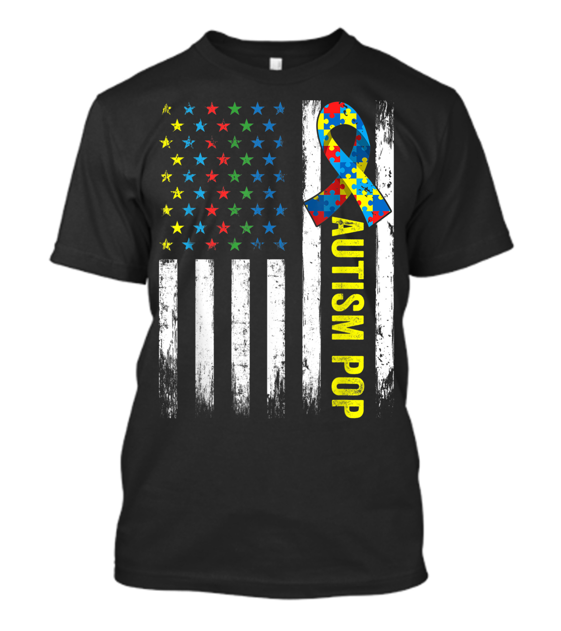 Retro American Flag Autism Pop Awareness Puzzle Ribbon Patriotic Stars T-Shirt