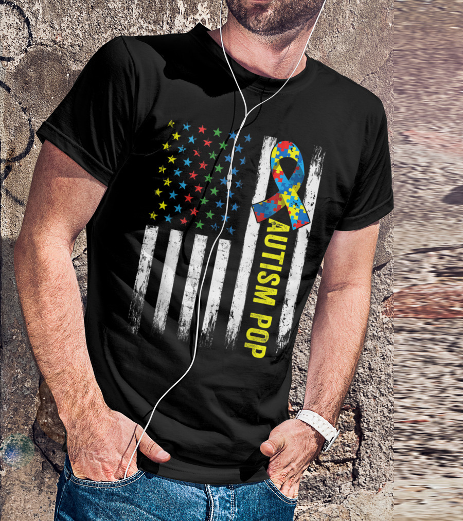 Retro American Flag Autism Pop Awareness Puzzle Ribbon Patriotic Stars T-Shirt