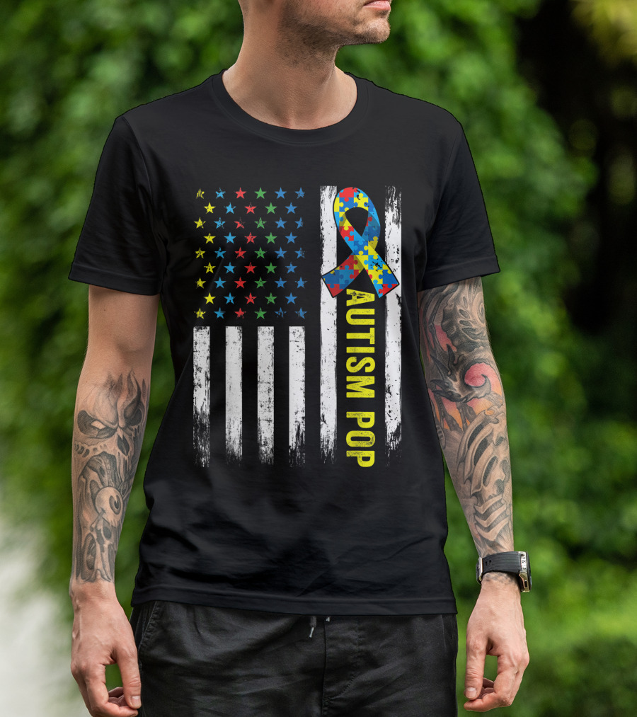 Retro American Flag Autism Pop Awareness Puzzle Ribbon Patriotic Stars T-Shirt