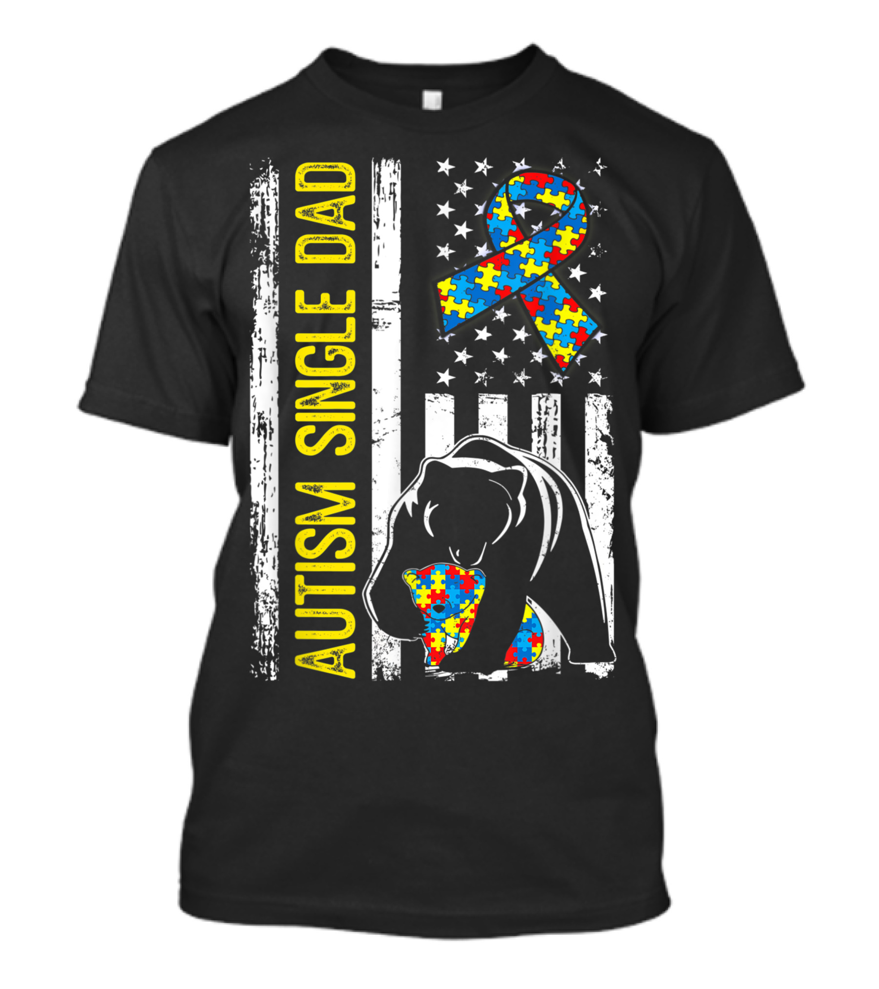 Autism Single Dad Bear Puzzle Ribbon Distressed American Flag T-Shirt
