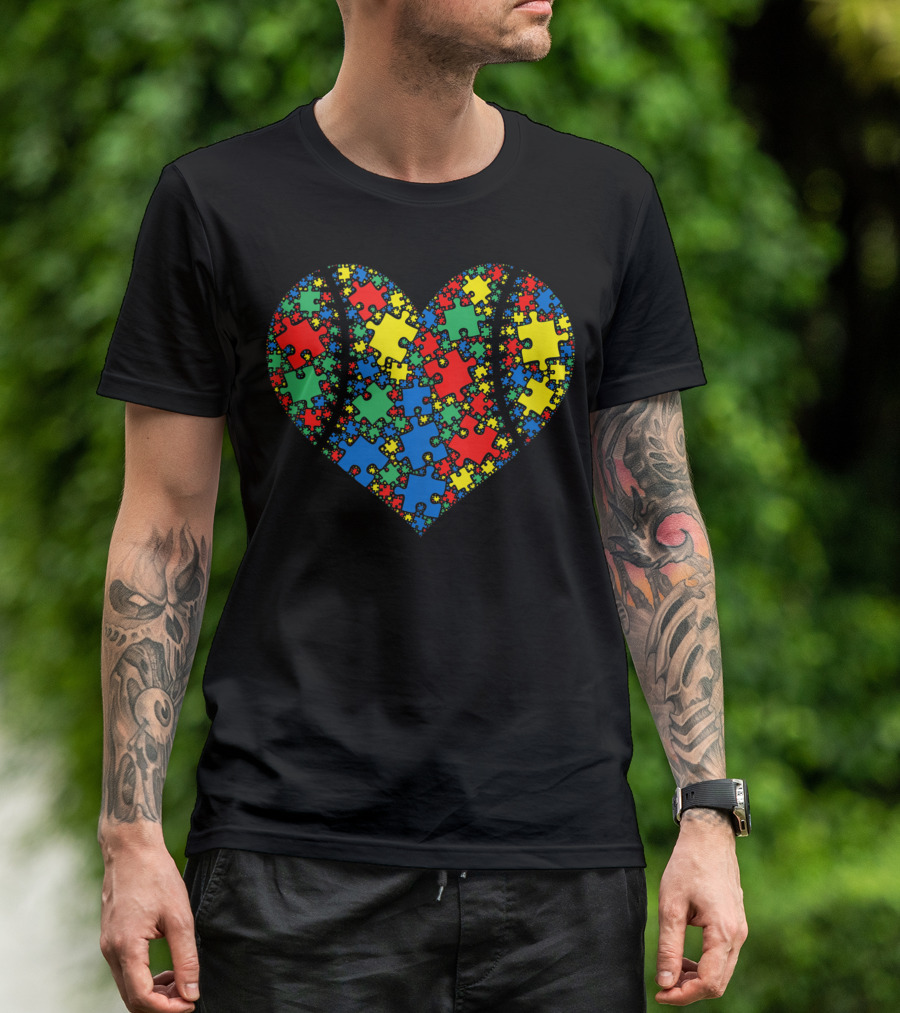 Softball Heart Autism Puzzle Autism Awareness T-Shirt