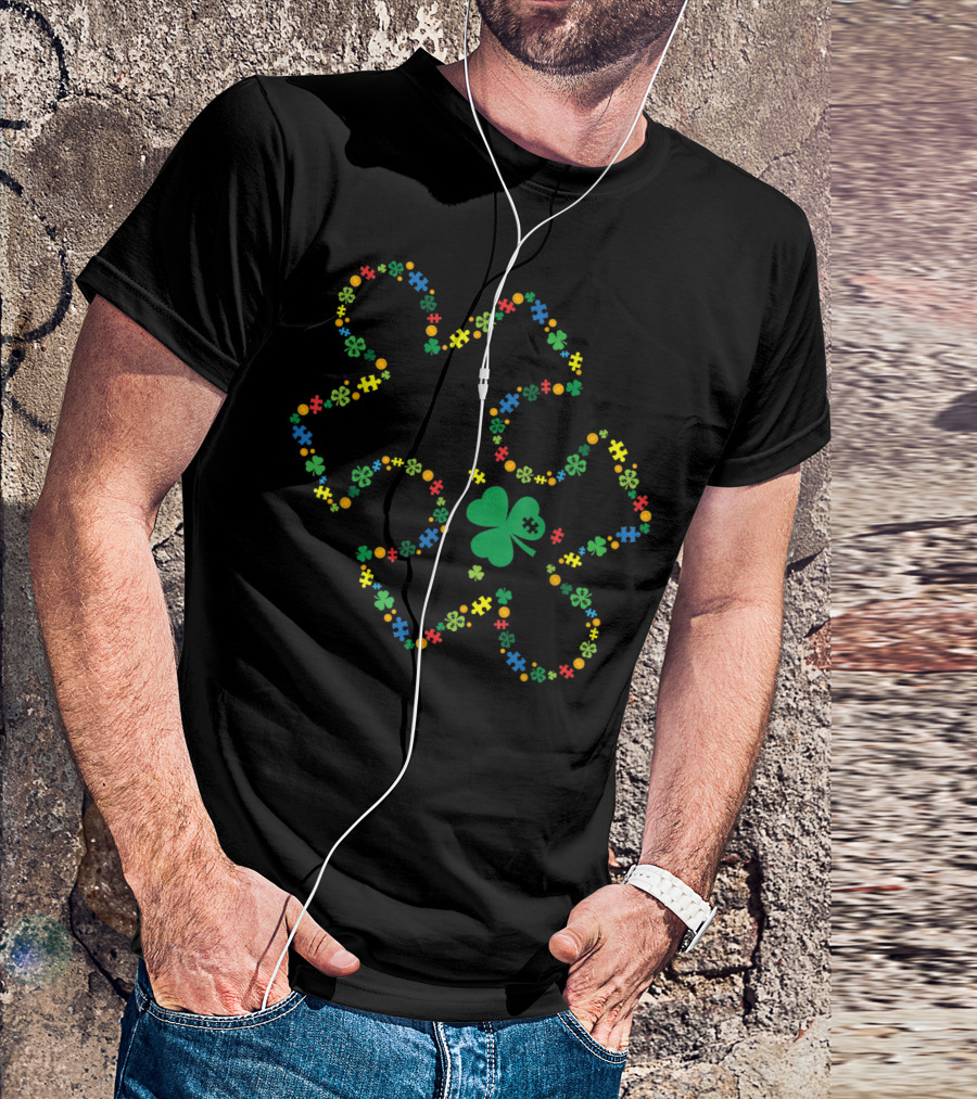St Patricks Day Puzzle Piece Shamrock Autism Awareness Clover Multicolor T-Shirt