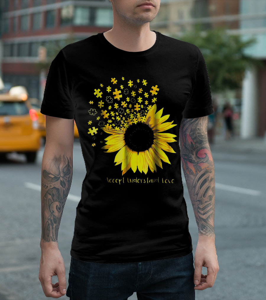 Sunflower Accept Understand Love Autism Awareness Puzzle Pieces Hb T-Shirt
