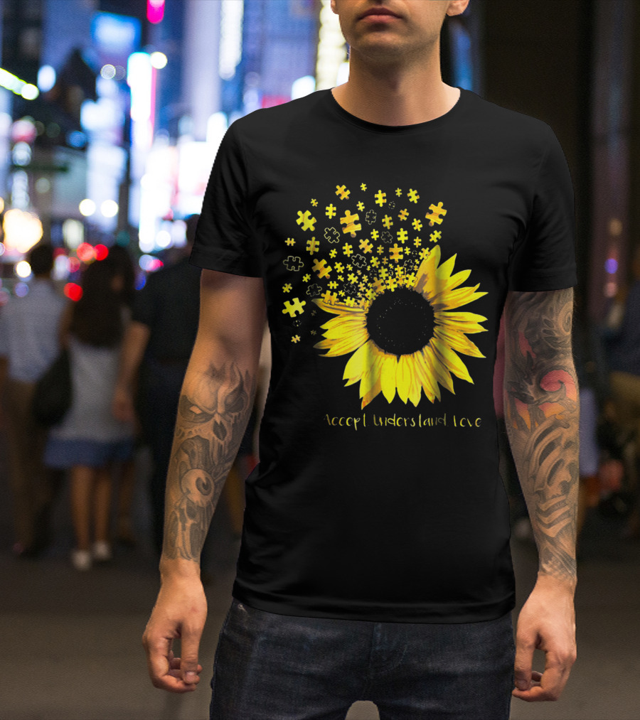 Sunflower Accept Understand Love Autism Awareness Puzzle Pieces Hb T-Shirt