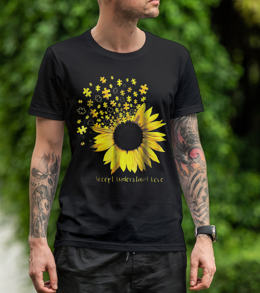 Sunflower Accept Understand Love Autism Awareness Puzzle Pieces Hb T-Shirt