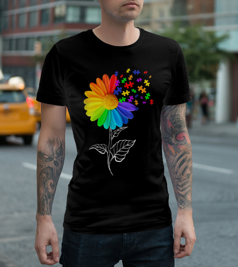 Sunflower Autism Awareness Rainbow Puzzle Pieces T-Shirt