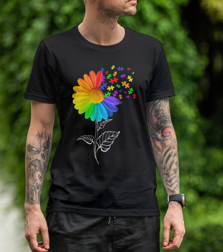 Sunflower Autism Awareness Rainbow Puzzle Pieces T-Shirt
