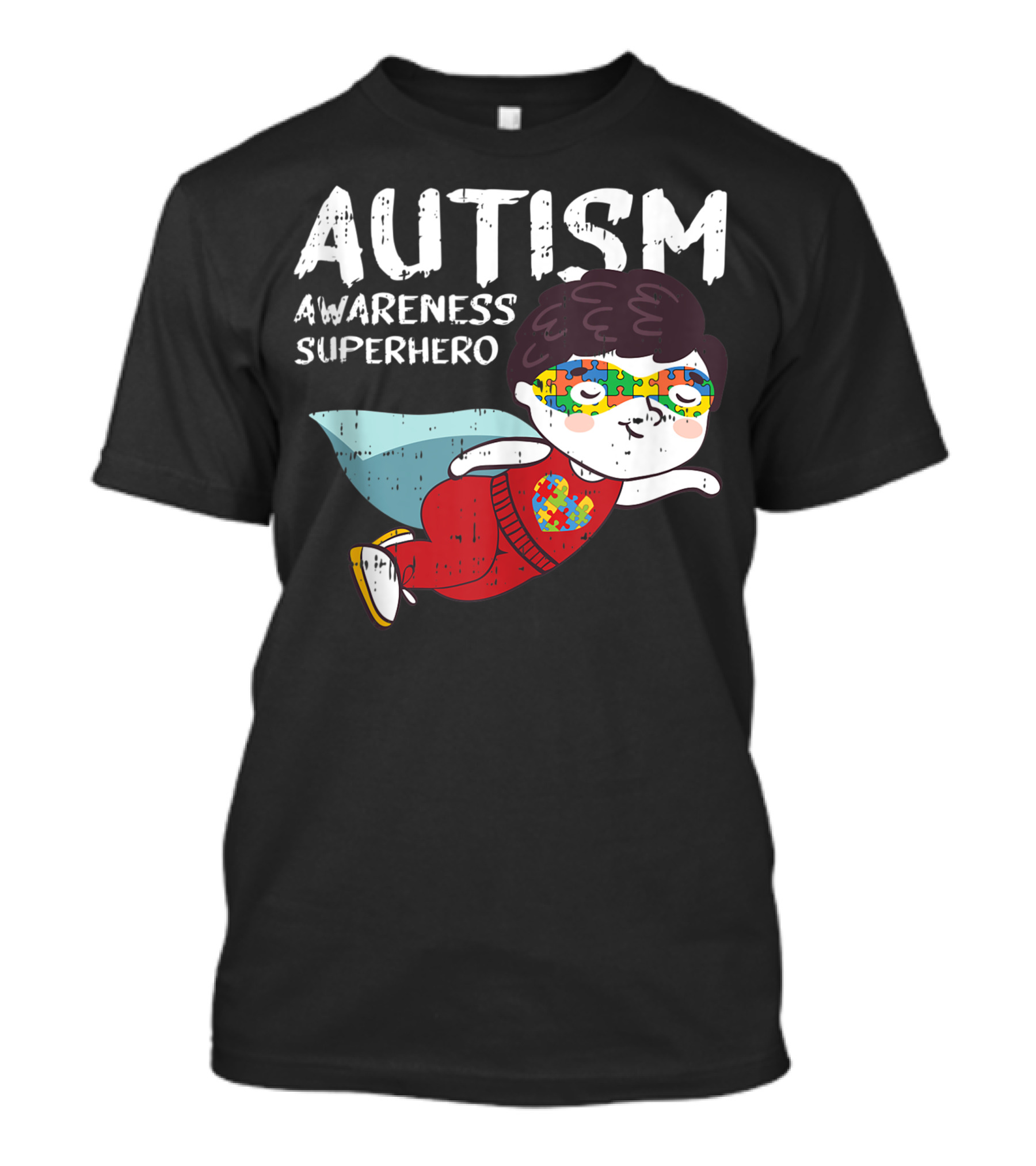 Autism Awareness Superhero Child With Puzzle Mask Flying T-Shirt