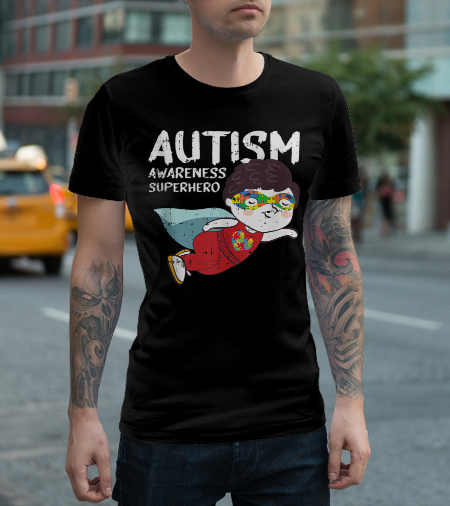 Autism Awareness Superhero Child With Puzzle Mask Flying T-Shirt