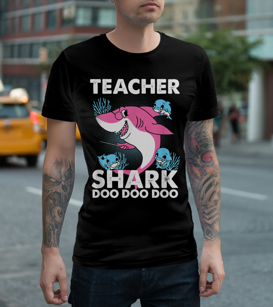 Teacher Shark Doo Doo Doo Cute Pink Shark with Baby Sharks and Coral T-Shirt