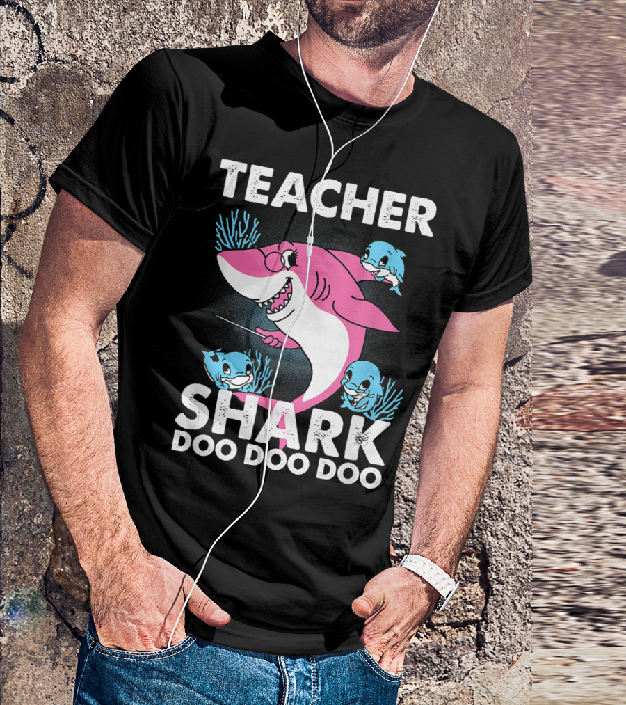 Teacher Shark Doo Doo Doo Cute Pink Shark With Baby Sharks And Coral T-Shirt