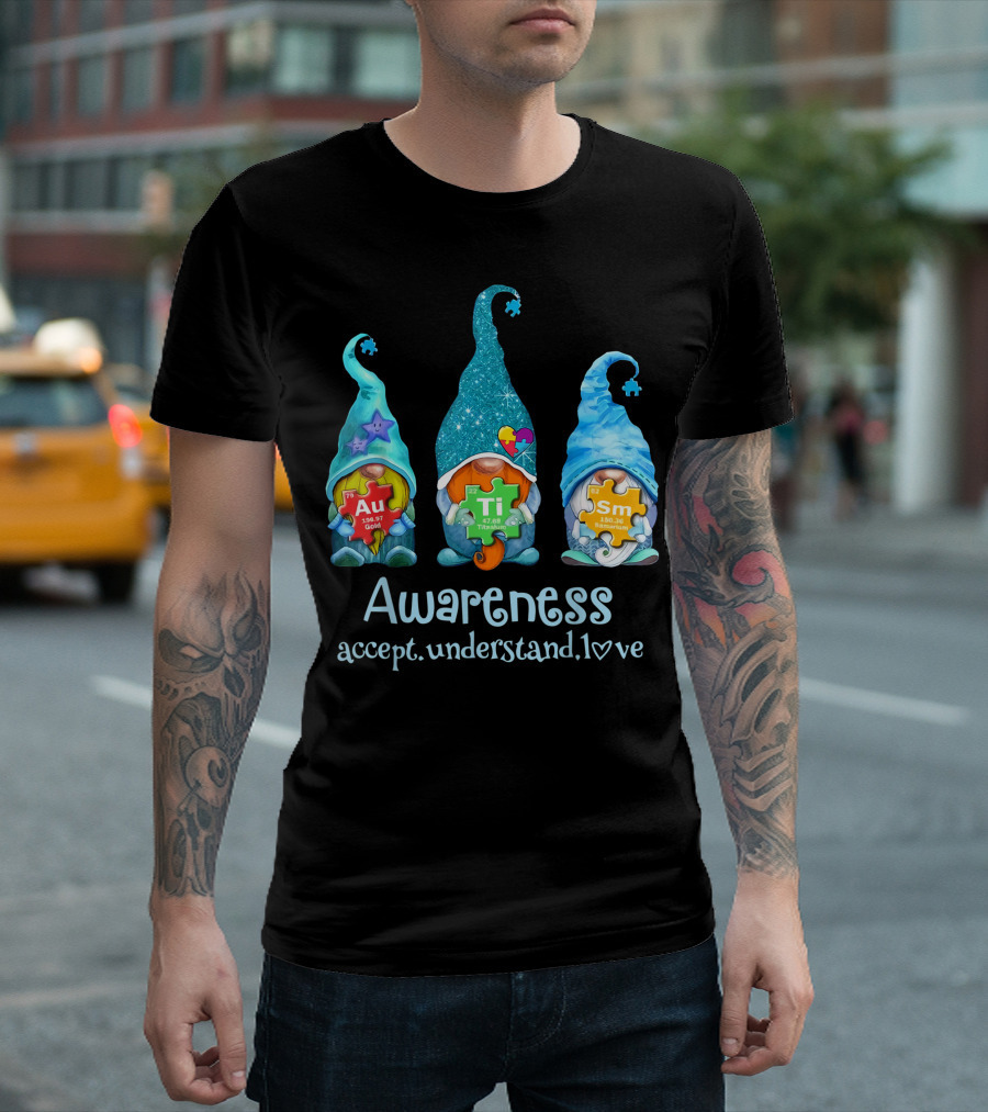 Three Blue Gnomes Au Ti Sm Autism Awareness Accept Understand Love T-Shirt
