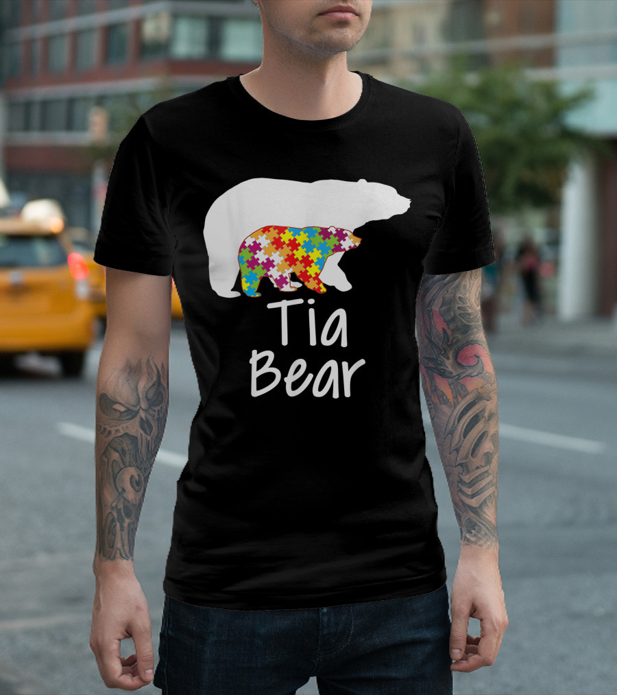 Tia Bear Autism Awareness Puzzle Ribbon Rainbow T-Shirt