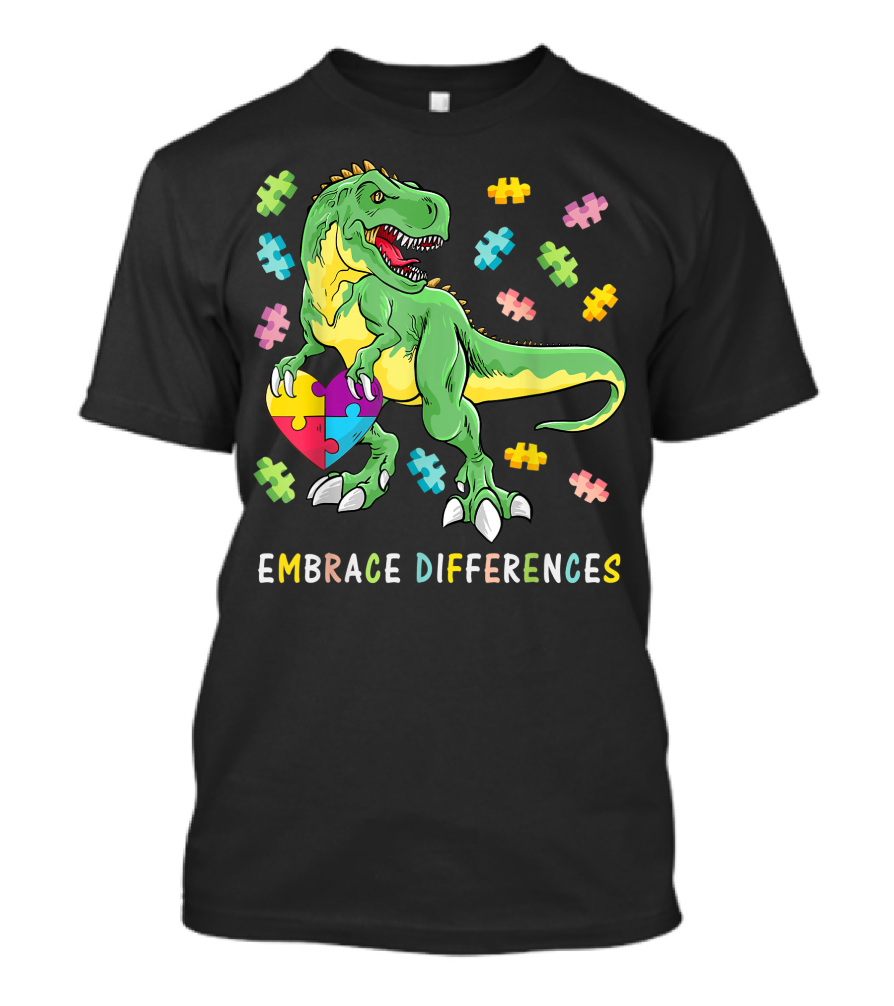 Embrace Differences T Rex Autism Awareness Dinosaur Puzzle Heart T-Shirt