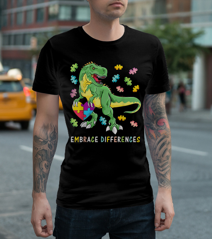 Embrace Differences T Rex Autism Awareness Dinosaur Puzzle Heart T-Shirt