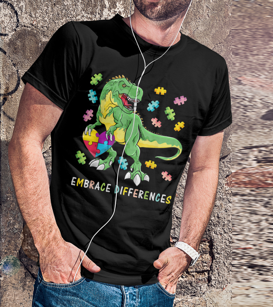 Embrace Differences T Rex Autism Awareness Dinosaur Puzzle Heart T-Shirt