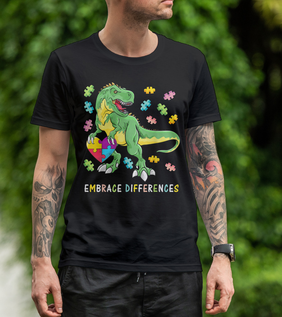 Embrace Differences T Rex Autism Awareness Dinosaur Puzzle Heart T-Shirt