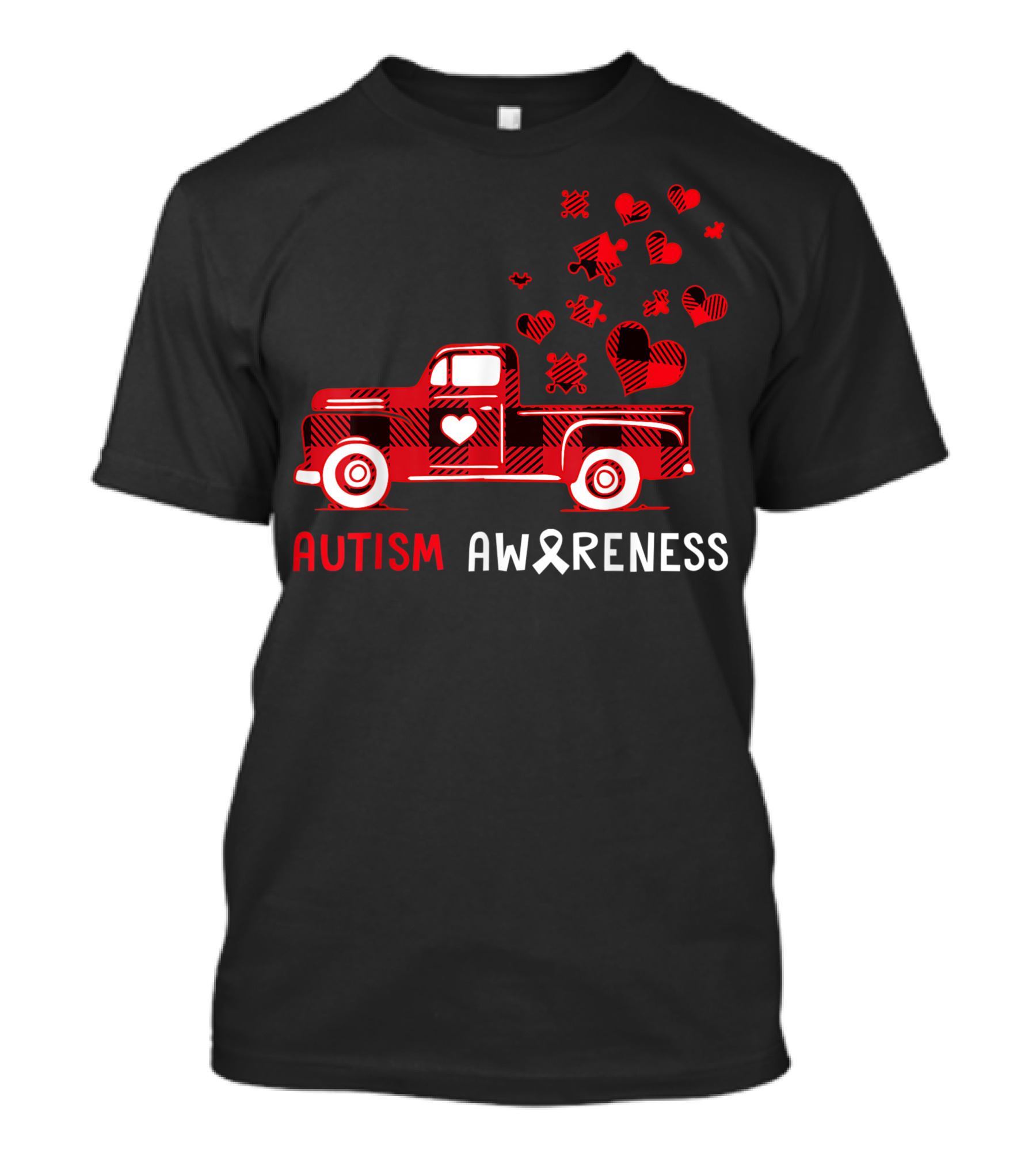Autism Awareness Red Truck With Puzzle And Heart Symbols T-Shirt