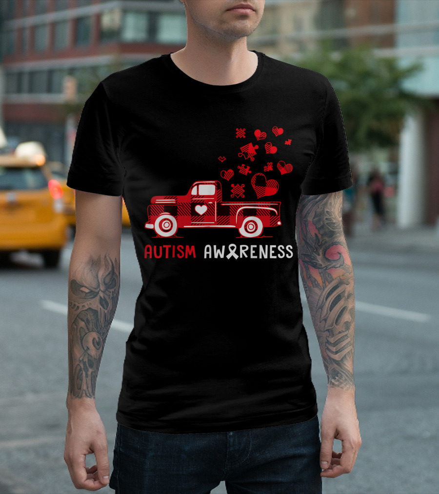 Autism Awareness Red Truck With Puzzle And Heart Symbols T-Shirt