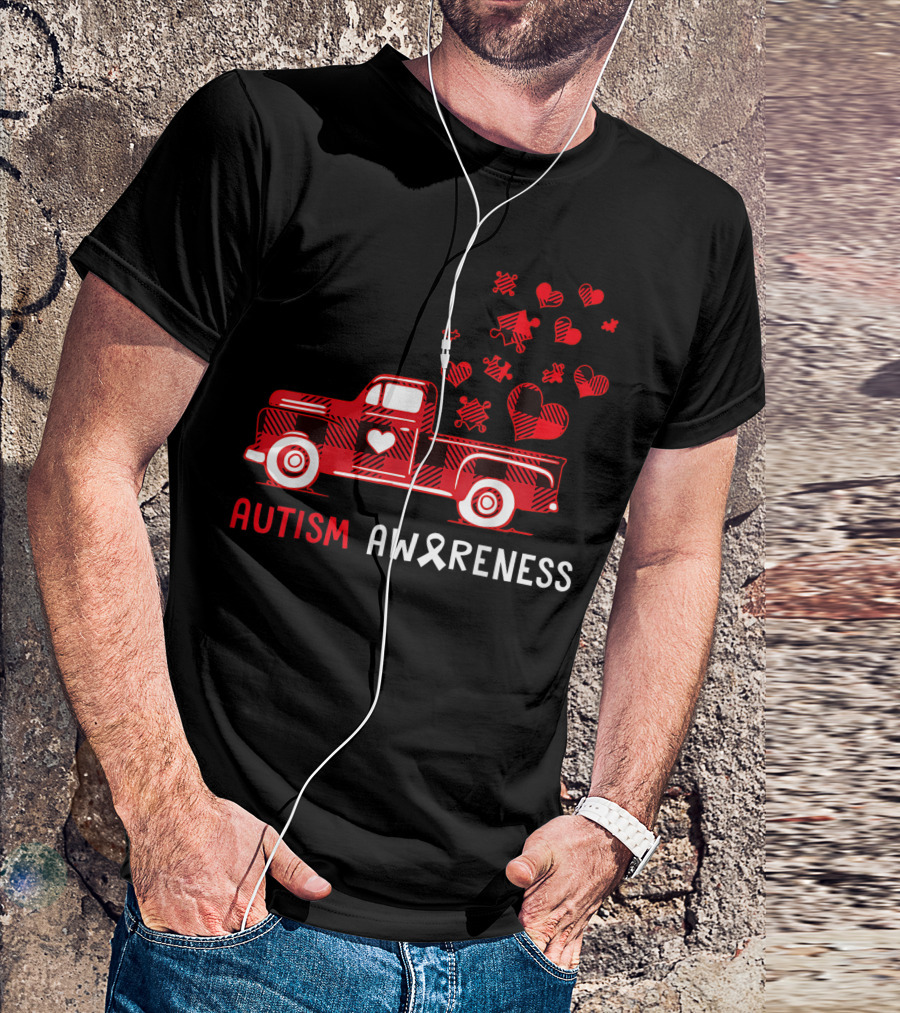 Autism Awareness Red Truck With Puzzle And Heart Symbols T-Shirt