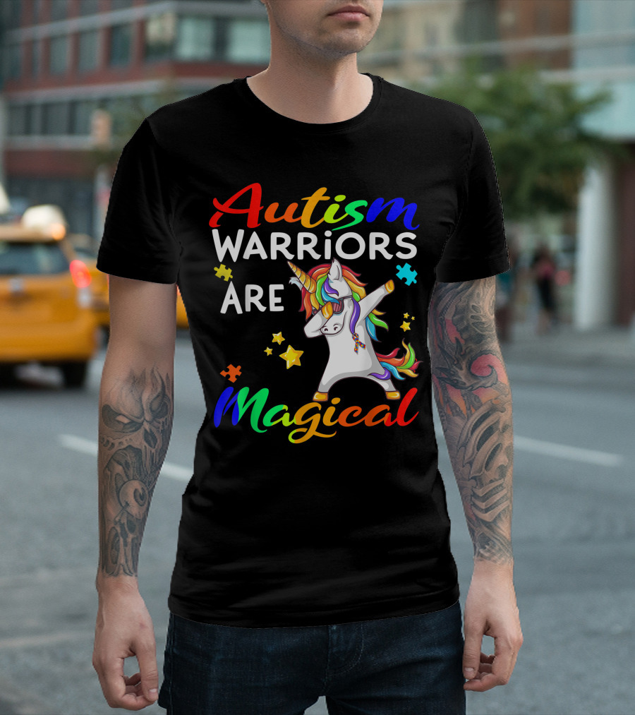 Autism Warriors Are Magical Unicorn With Puzzle Pieces And Dabbing Pose T-Shirt