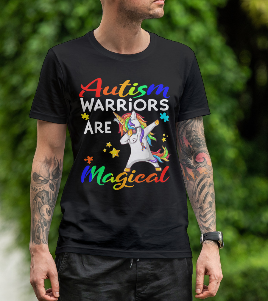 Autism Warriors Are Magical Unicorn With Puzzle Pieces And Dabbing Pose T-Shirt