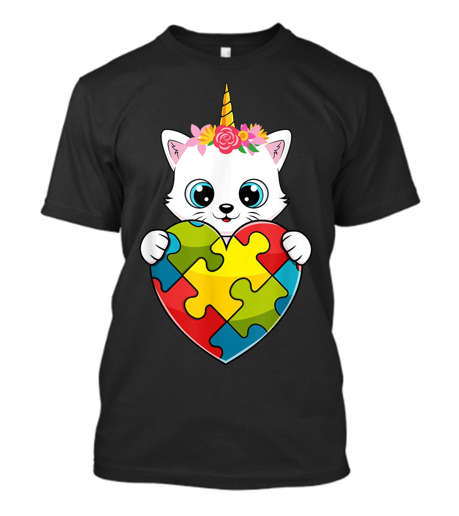 Unicorn Cat Holding Puzzle Heart Autism Awareness Girls T-Shirt