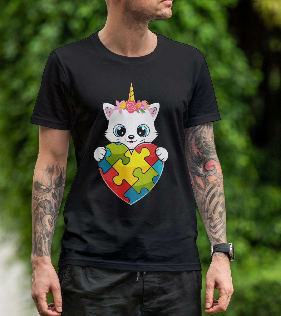 Unicorn Cat Holding Puzzle Heart Autism Awareness Girls T-Shirt