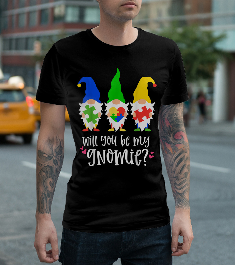Will You Be My Gnomie Valentines Day Autism Awareness Gnome Puzzle Hearts T-Shirt