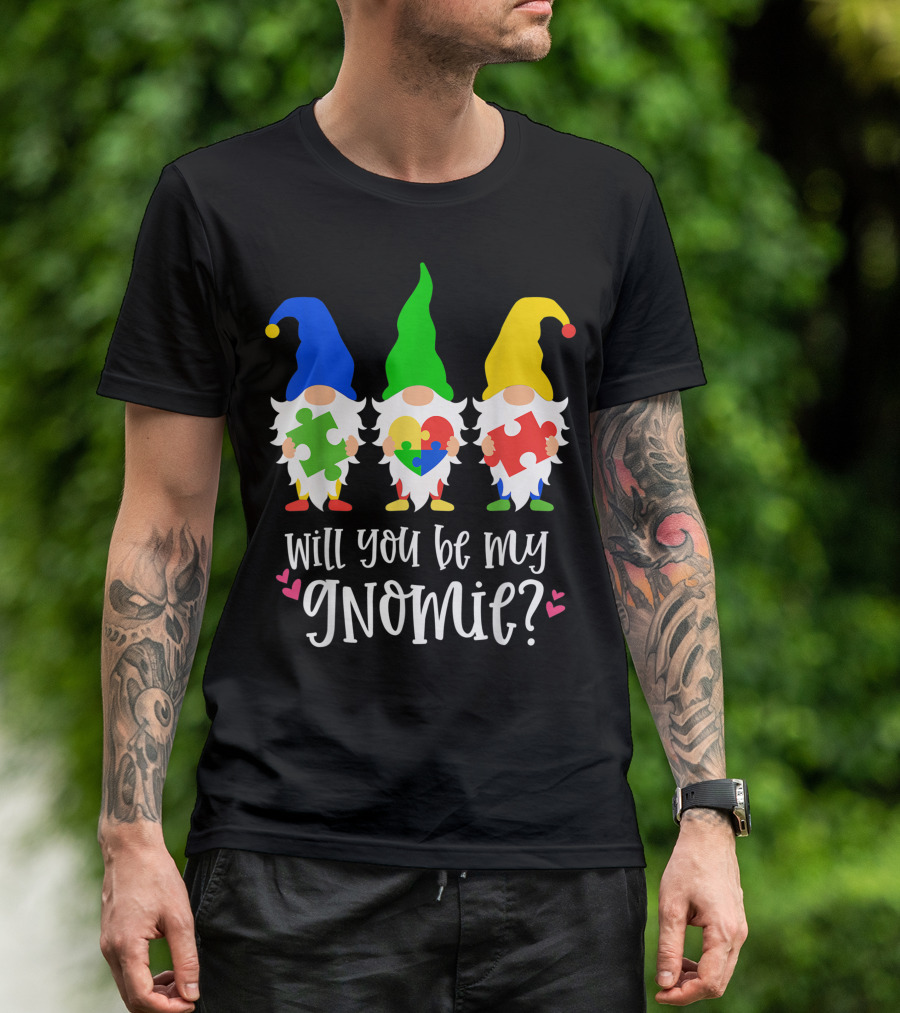 Will You Be My Gnomie Valentines Day Autism Awareness Gnome Puzzle Hearts T-Shirt