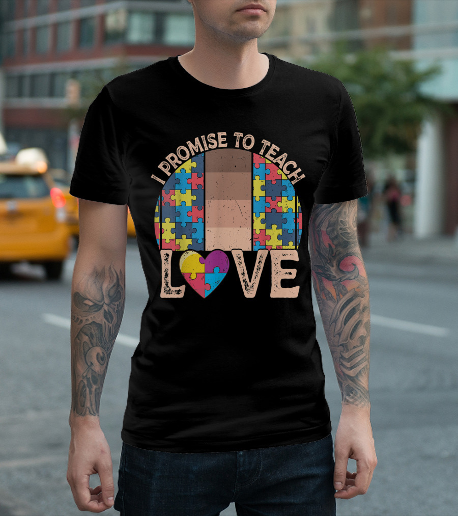 I Promise to Teach Love Vintage Teacher Autism Awareness Melanin Puzzle Heart T-Shirt