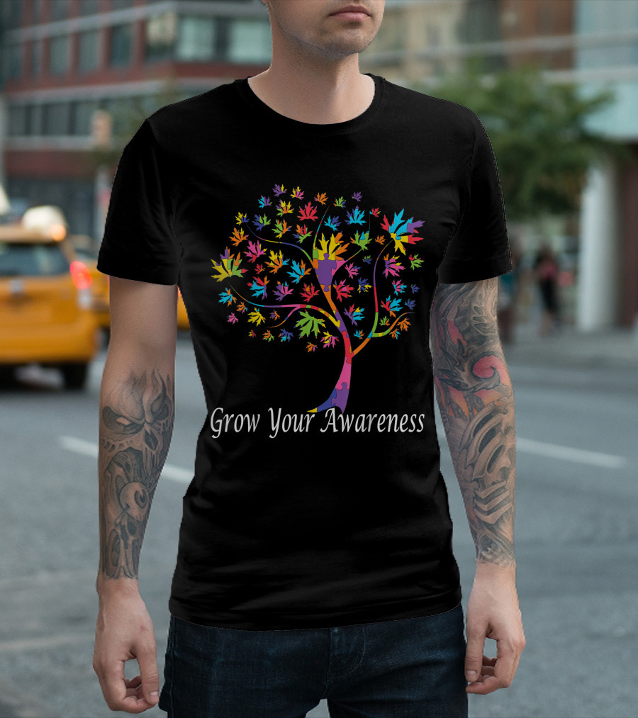 World Autism Awareness Day Colorful Puzzle Piece Tree Grow Your Awareness T-Shirt