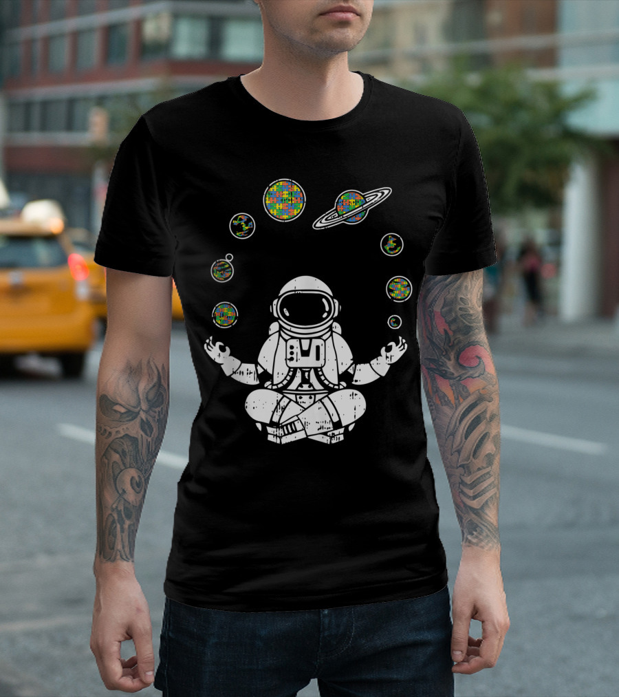 Yoga Astronaut with Planets and Autism Awareness Puzzle T-Shirt