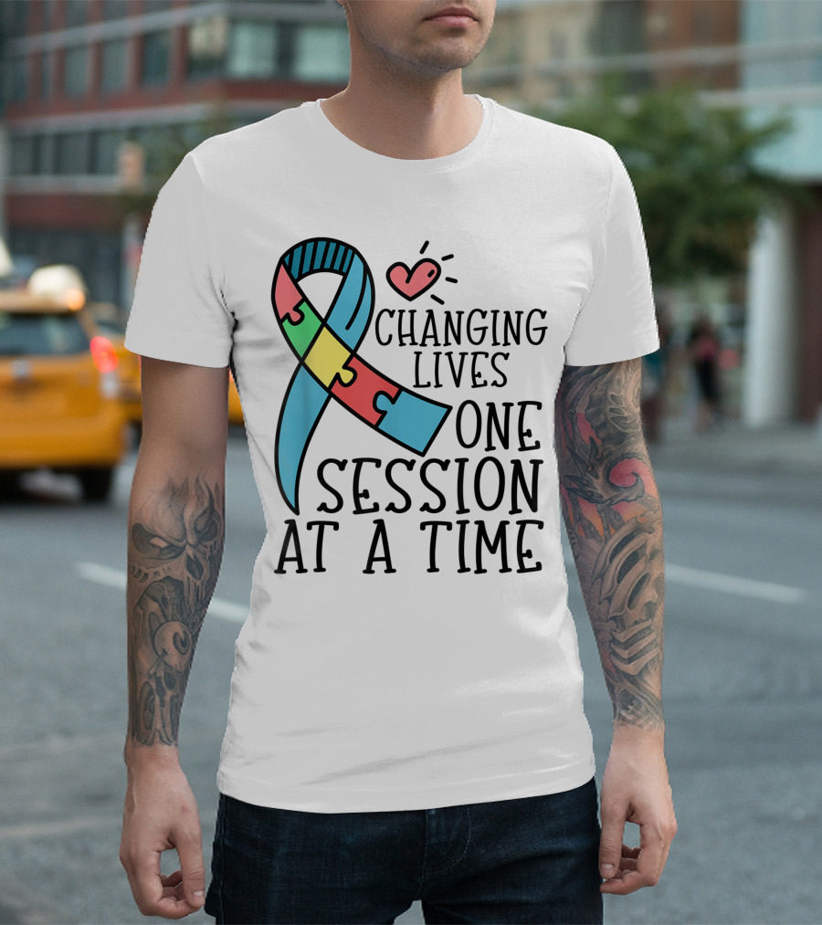 Autism ABA OT Teacher Changing Lives One Session at a Time Puzzle Ribbon Heart T-Shirt