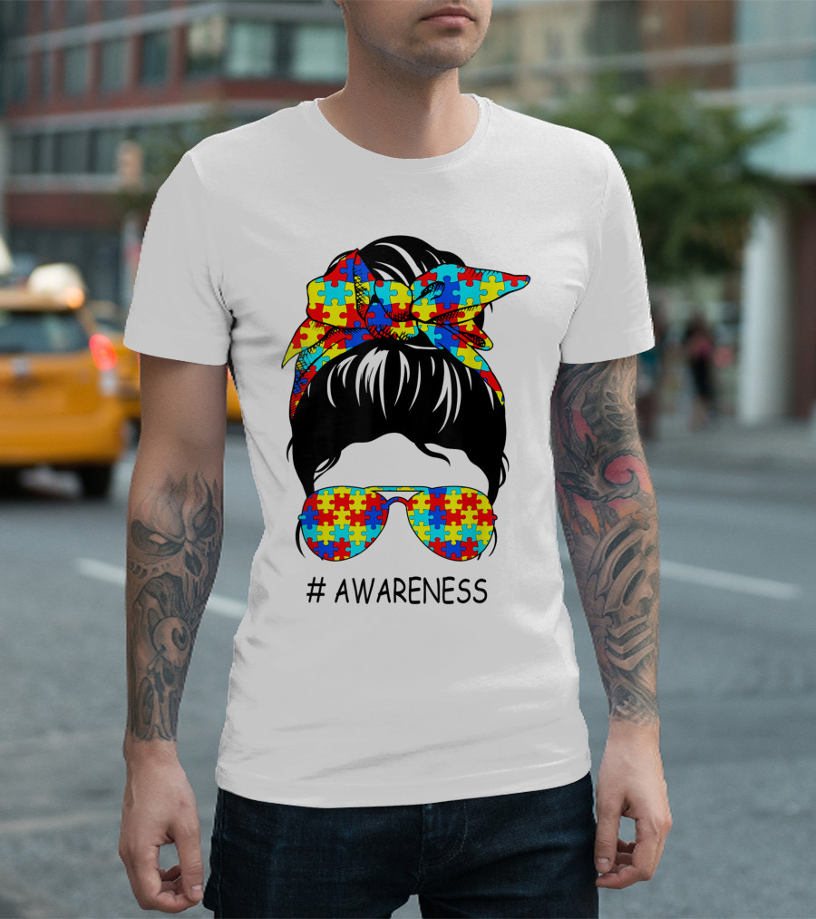 Awareness Bun with Puzzle Pattern Sunglasses T-Shirt