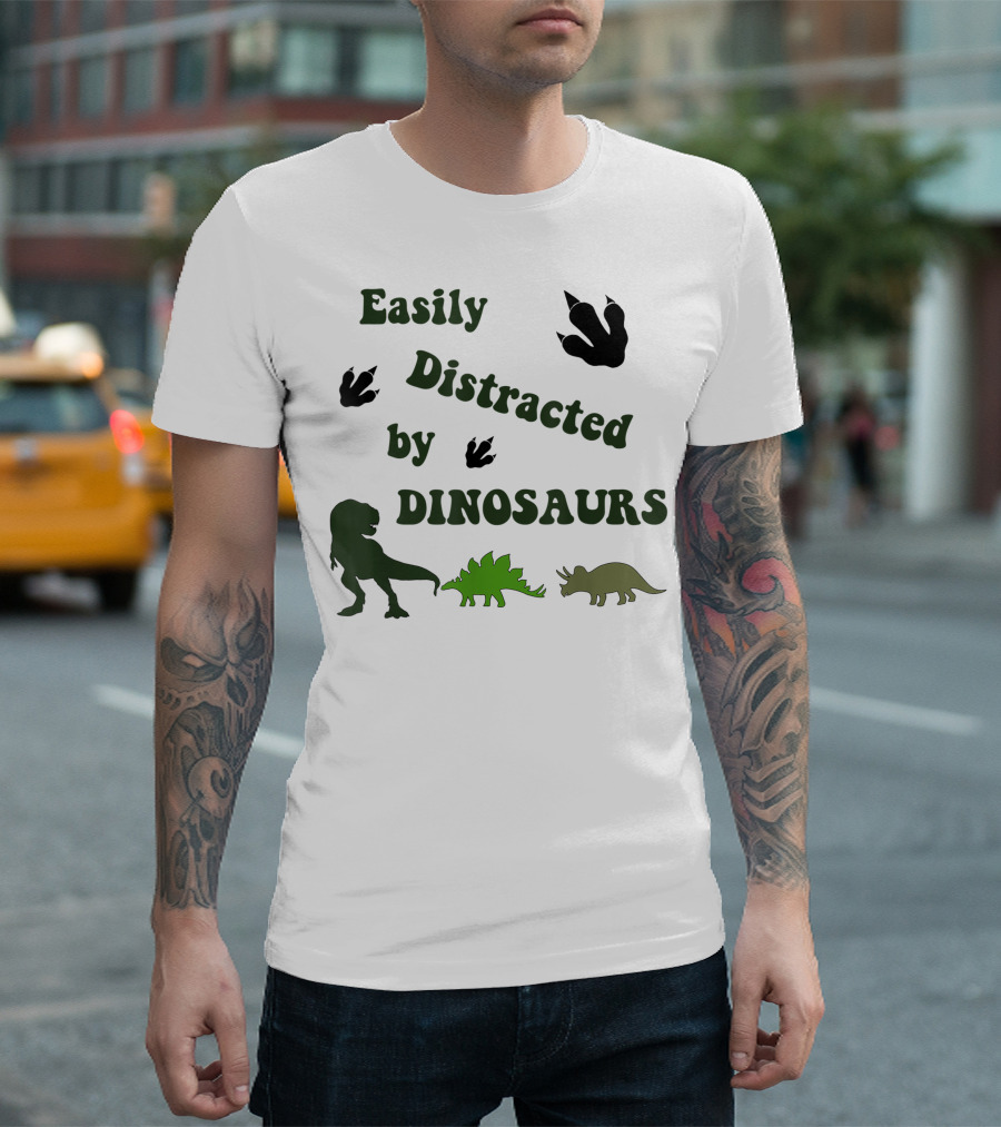 Easily Distracted by Dinosaurs T-Rex Stegosaurus Triceratops Paw Prints T-Shirt