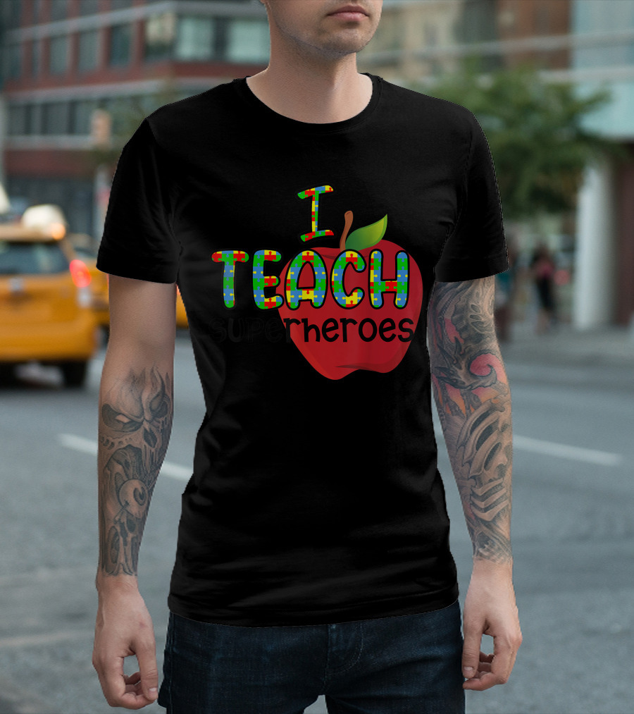 I Teach Superheroes Autism Awareness Puzzle Pattern Apple T-Shirt