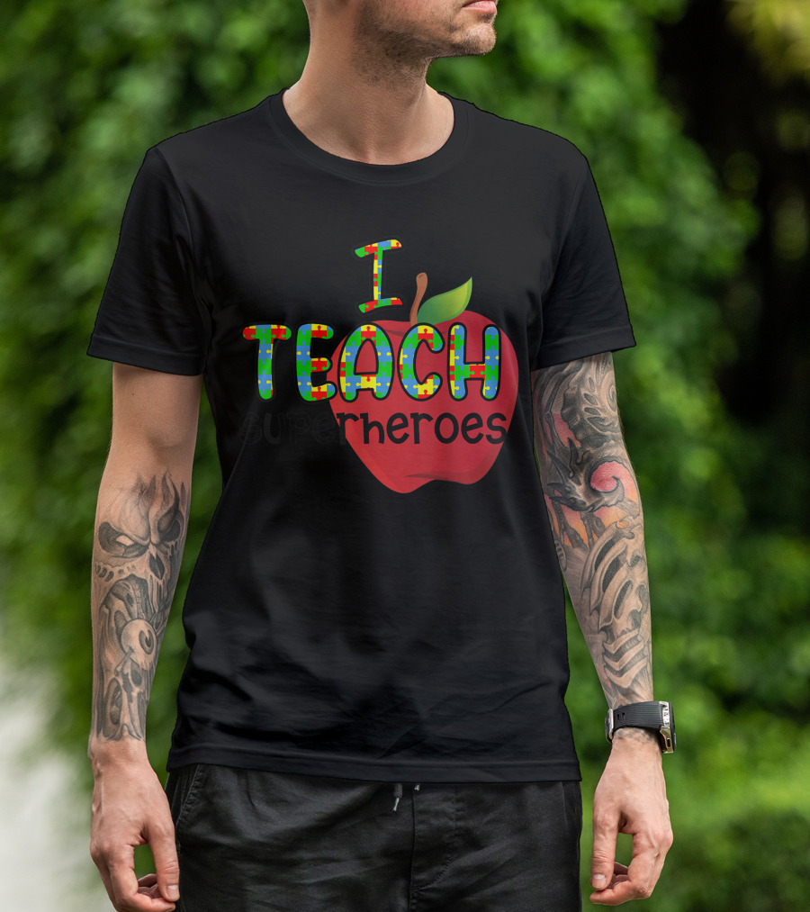 I Teach Superheroes Autism Awareness Puzzle Pattern Apple T-Shirt