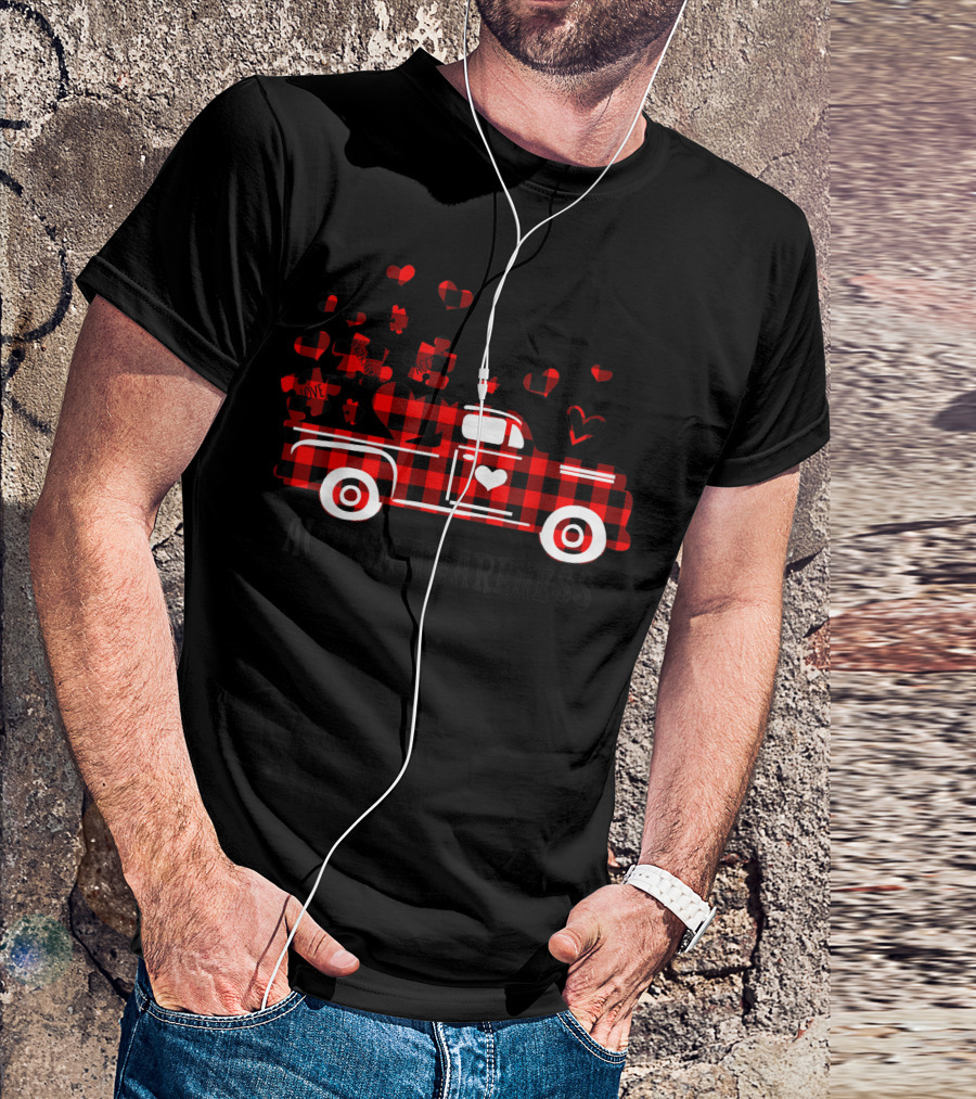 Autism Awareness Love Hearts Plaid Truck Valentine T-Shirt