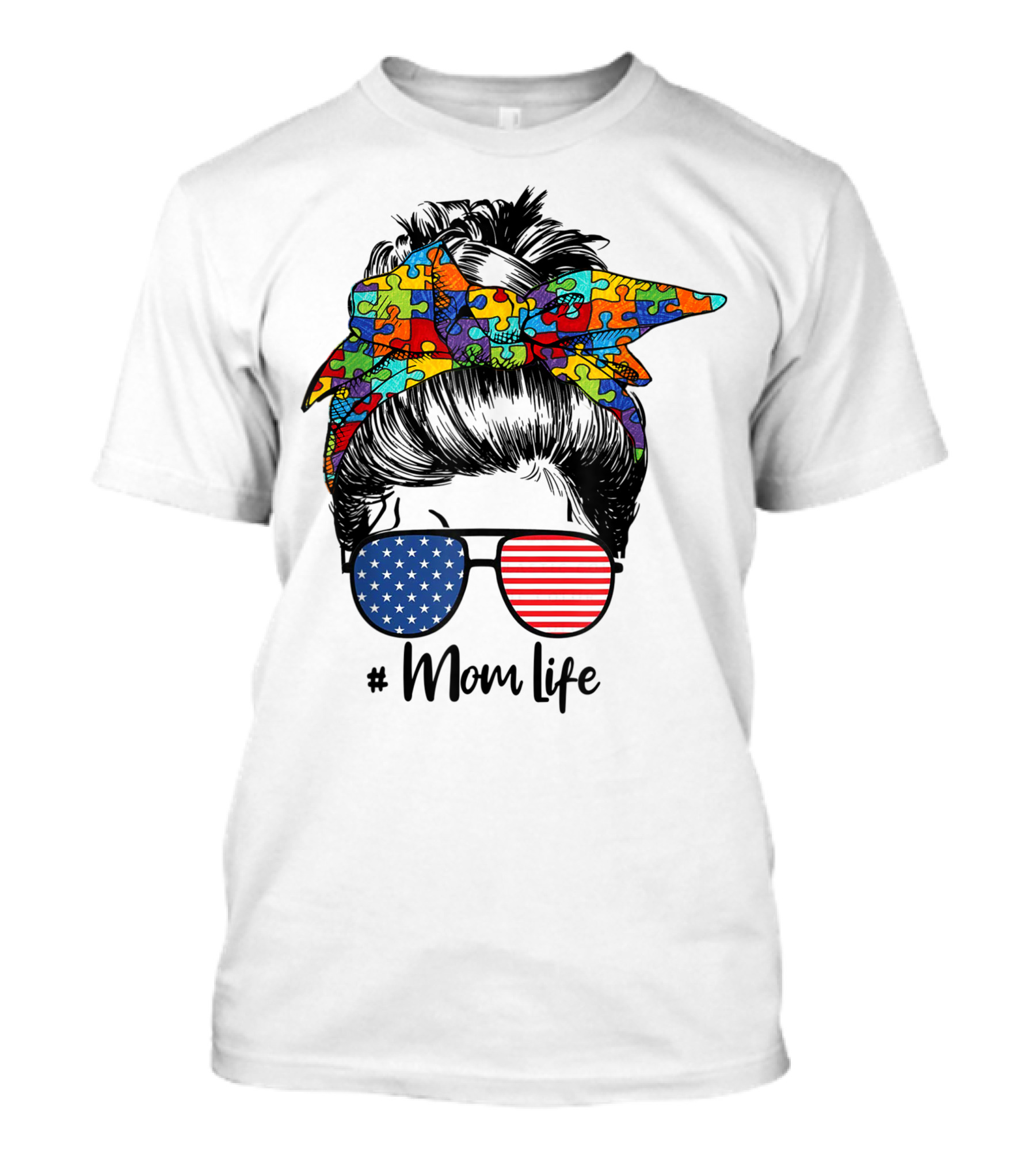 Autism Awareness Mom Life Puzzle Bandana American Flag Glasses T-Shirt