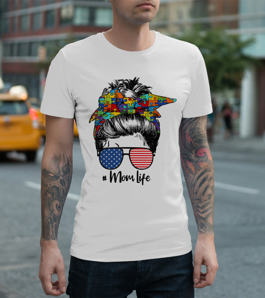 Autism Awareness Mom Life Puzzle Bandana American Flag Glasses T-Shirt
