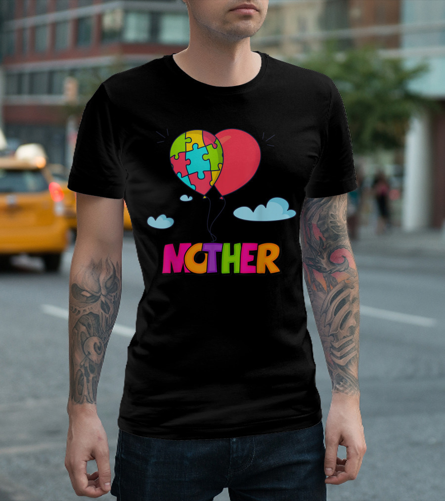 Autism Awareness Mother Heart Puzzle Balloon Clouds T-Shirt