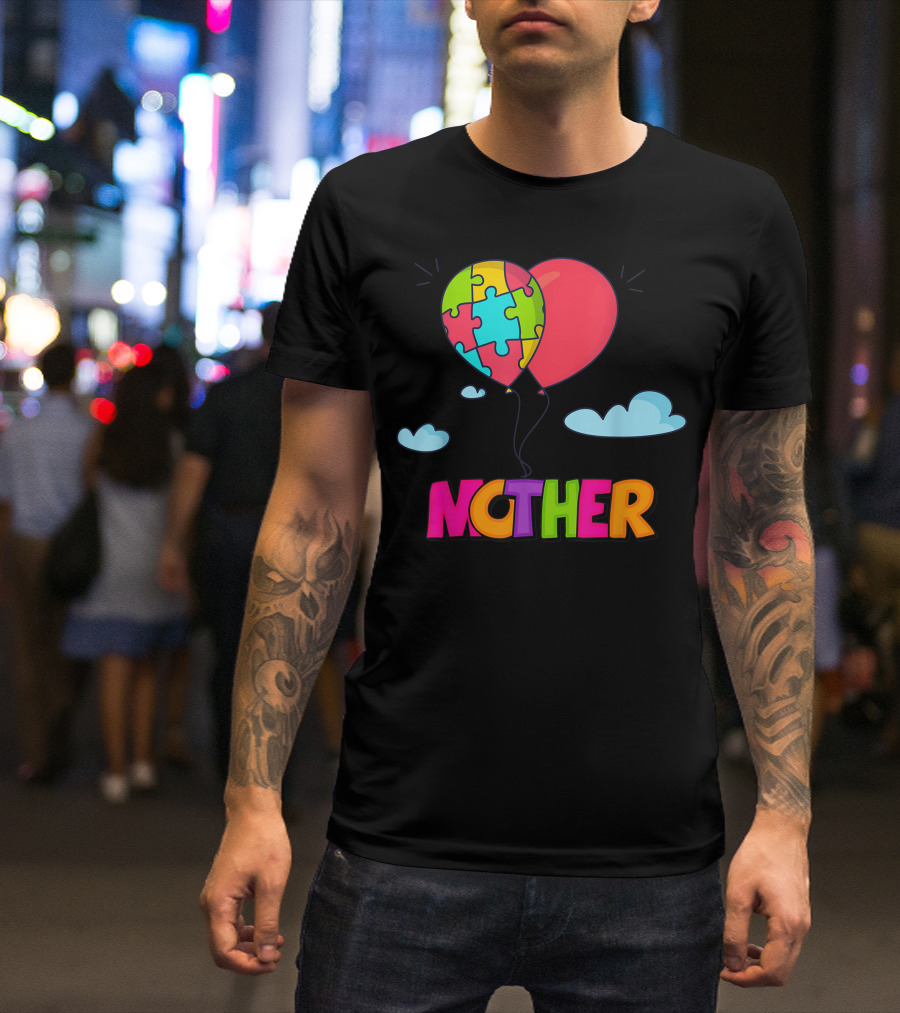 Autism Awareness Mother Heart Puzzle Balloon Clouds T-Shirt
