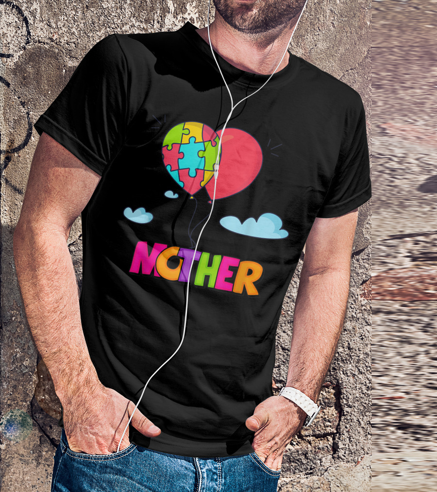 Autism Awareness Mother Heart Puzzle Balloon Clouds T-Shirt