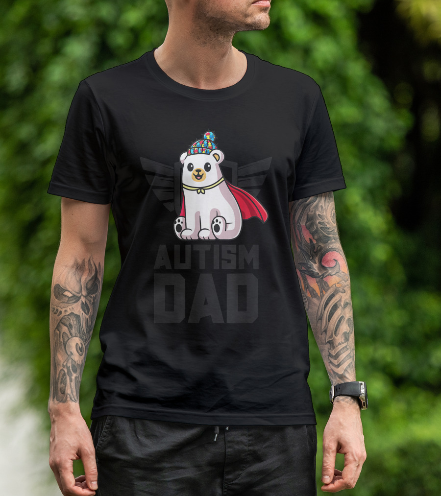 Autism Dad Polar Bear Puzzle Hat Cape Autism Awareness T-Shirt
