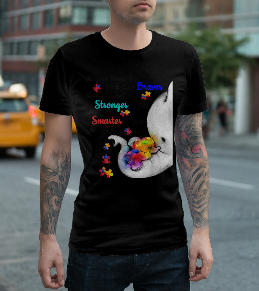 Always Remember You Are Braver Stronger Smarter Than You Believe Autism Elephant Puzzle T-Shirt