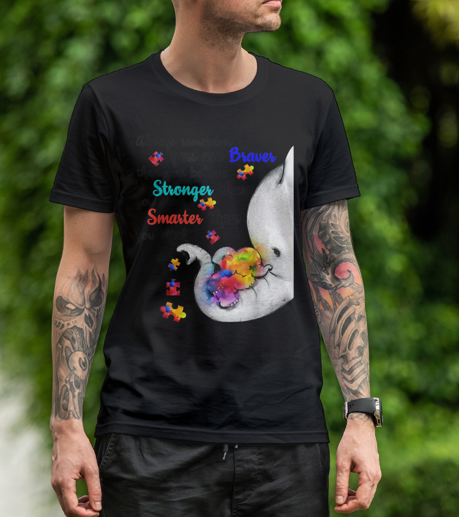 Always Remember You Are Braver Stronger Smarter Than You Believe Autism Elephant Puzzle T-Shirt