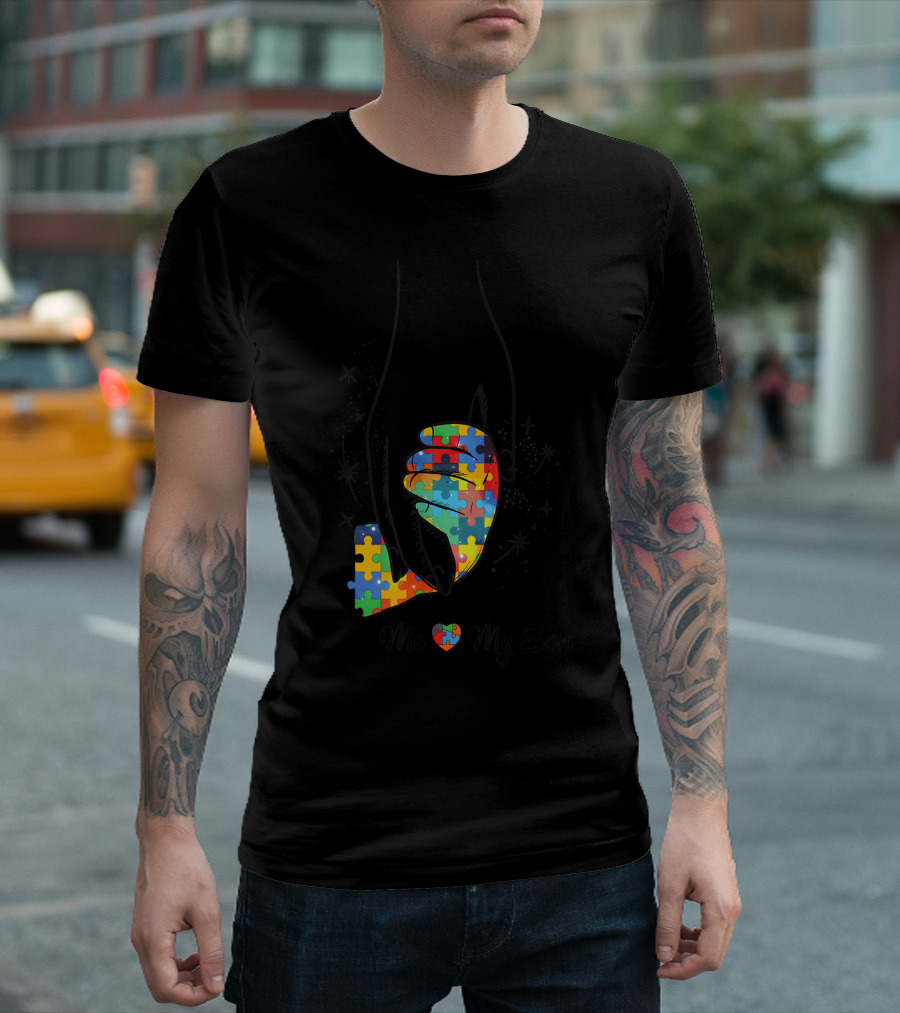 Autism Heart Hand In Hand Me My Son Puzzle Piece T-Shirt